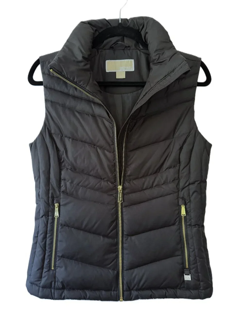 Michael Kors Black Quilted Puffer Vest Removable Hood Gold Hardware | Small